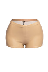 Nude matte finish mini shorts with wide waistband and sexy stretch fit