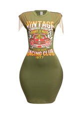 Olive green vintage racing club t-shirt with red car graphic and fringed sleeves on mannequin.