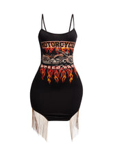 Black ‘Bogomore’ bodysuit with motorcycle speedy print and fringe detail on front.