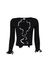 Black cropped cardigan with white contrast frill edges and tie front