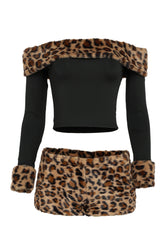 Black off-shoulder top and leopard print shorts set on a white background