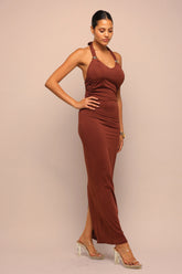 Heat Check Tied Halter Maxi Dress - Brown