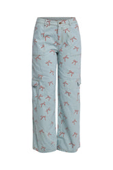 Light blue denim pants with red ribbon allover print