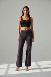 Burgundy black leopard print high waist pants front view with straight leg and structured fit
