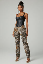 Brown and green camo print high waist trousers front view with straight leg silhouette