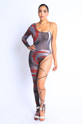 Paint Printed One Sleeve Tie Detailed Jumpsuit