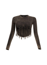 Mineral washed fringe front detailed long sleeve top