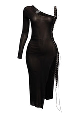Sheer black one sleeve mesh midi dress with asymmetrical neckline and stretch slim fit for night out styling