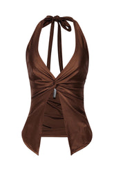 Brown halter top with shiny stretch finish and twist detail