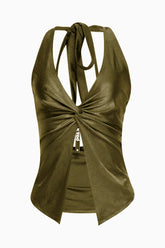• Olive halter top with sexy open front and knot detail in satin finish