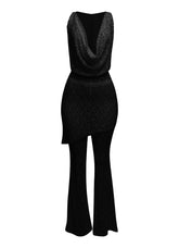 Hooded cowl neck openback lace top and flared pant set