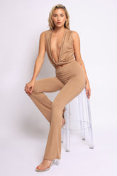 Mocha brown two-piece set with deep V twist front crop top and flared pants