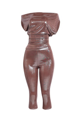 Mocha shimmer outfit with asymmetrical neckline and body-hugging fit