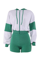 Heather grey and kelly green zip-up hoodie with matching high-rise shorts