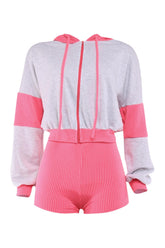 Heather grey and hot pink zip-up hoodie with elastic shorts in color block style
