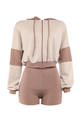 Taupe and mocha cropped zip hoodie set with tonal ribbed shorts