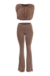 Front view of cocoa bubble crop top and flare pant set in washed cotton