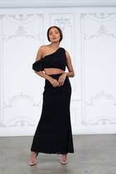 Glittered maxi skirt set with asymmetric off shoulder top