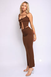 Mocha brown smocked tie front crop top and high waist maxi skirt set