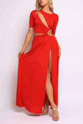 Red twist cutout maxi dress with bold waist reveal and thigh-high slit