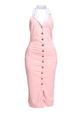 Baby pink midi dress with white collar and gold buttons styled for soft girl spring fashion aesthetic