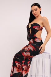 Midnight Bloom Strapless Cutout Midi Dress
