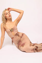 Midnight Bloom Strapless Cutout Midi Dress.