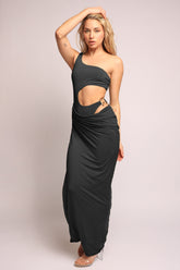 Asymmetric Cut-Out Maxi Dress with Draped Detail.