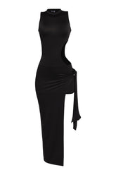 Black sleeveless cutout maxi with slit detail and mock neck