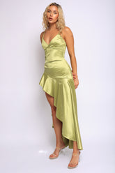 Sage satin maxi dress with wrap bodice and high-low hem