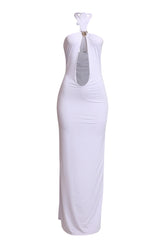 White halter neck maxi dress with front cutout and seashell trim