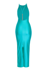 Bright green string back halter maxi dress in stretch nylon