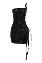 Black faux croc leather mini dress with edgy lace-up side and strapless top