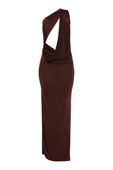 Chocolate one shoulder maxi dress with asymmetrical cutouts