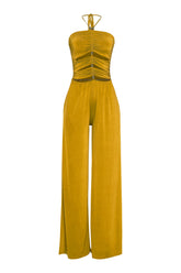 Mustard yellow halter jumpsuit with cutout front and wide leg