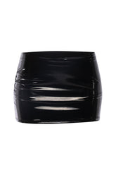 Front view of black liquid mini skirt with built-in shorts and low-rise fit