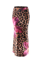 Front view of high waisted floral leopard skirt with banded waistband and body-skimming fit