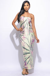 Sunburst tie dye printed draped tube maxi dress