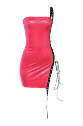 Shiny hot pink faux croc tube dress with lace-up side and slim fit