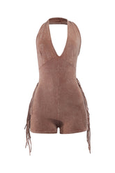 Taupe mineral washed halter romper with side fringe