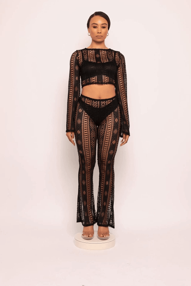 Geo lace sheer flared pant set