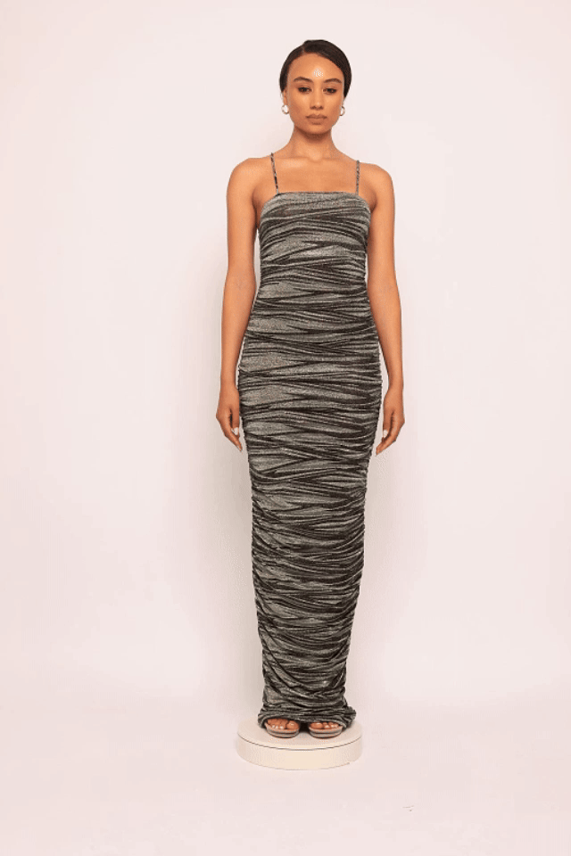 Metallic fabric all over ruched maxi dress