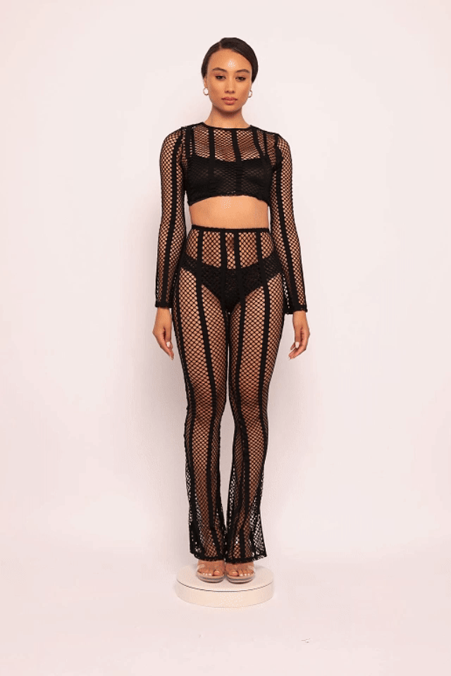 Strip fish net long sleeve pants set