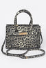 Grey leopard print handbag with dual top handles and a detachable shoulder strap.