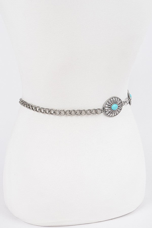 Statement waist chain belt with turquoise conchos and adjustable silver chain

