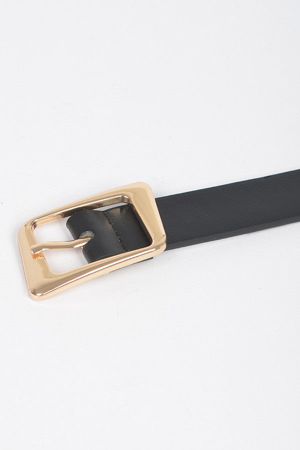Minimalist black faux leather belt with rectangular gold-tone buckle

