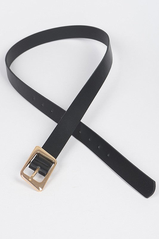 Sleek black waist belt with polished gold hardware and classic holes

