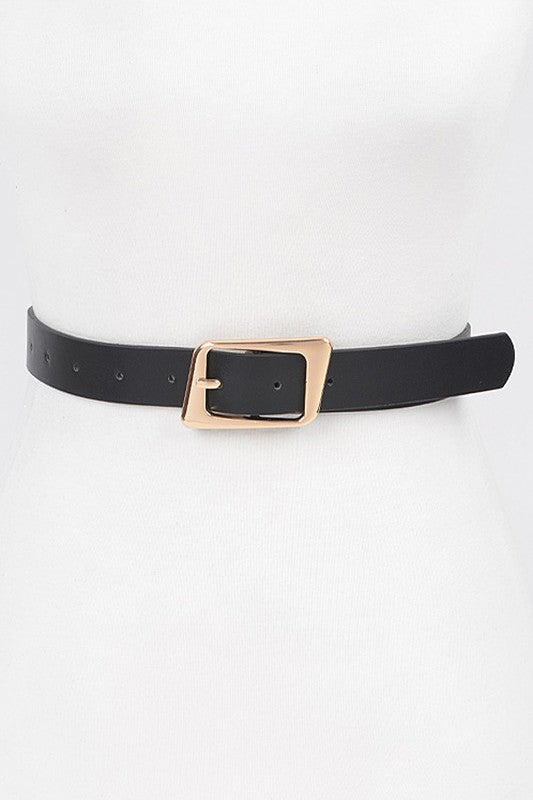 Black faux leather belt with shiny gold square buckle closeup

