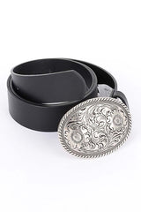 Black faux leather belt with vintage floral silver oval buckle

