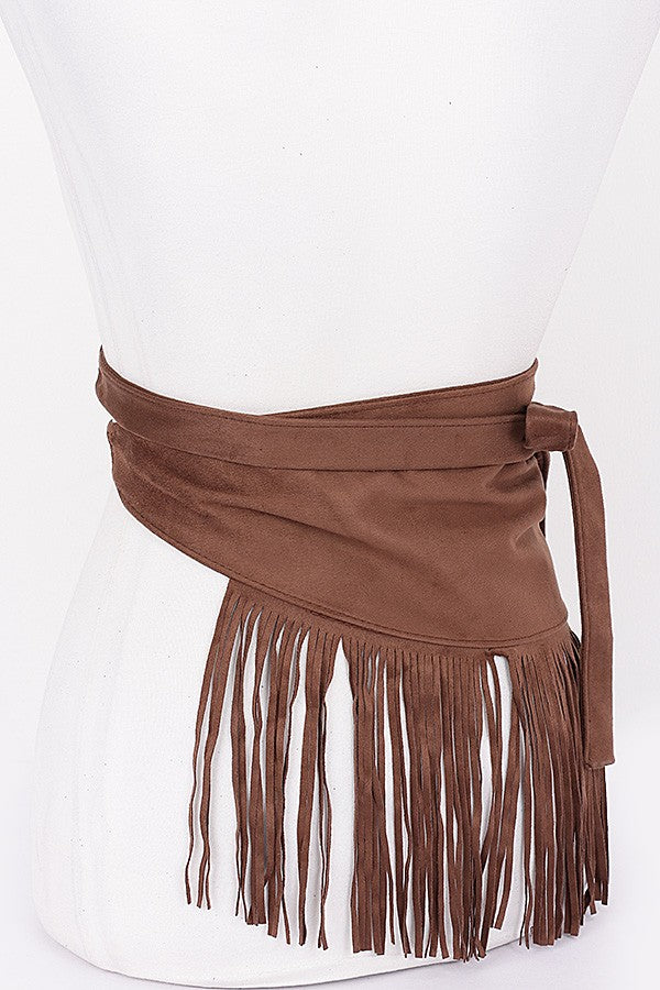Soft faux suede wrap belt with side tie and long fringe

